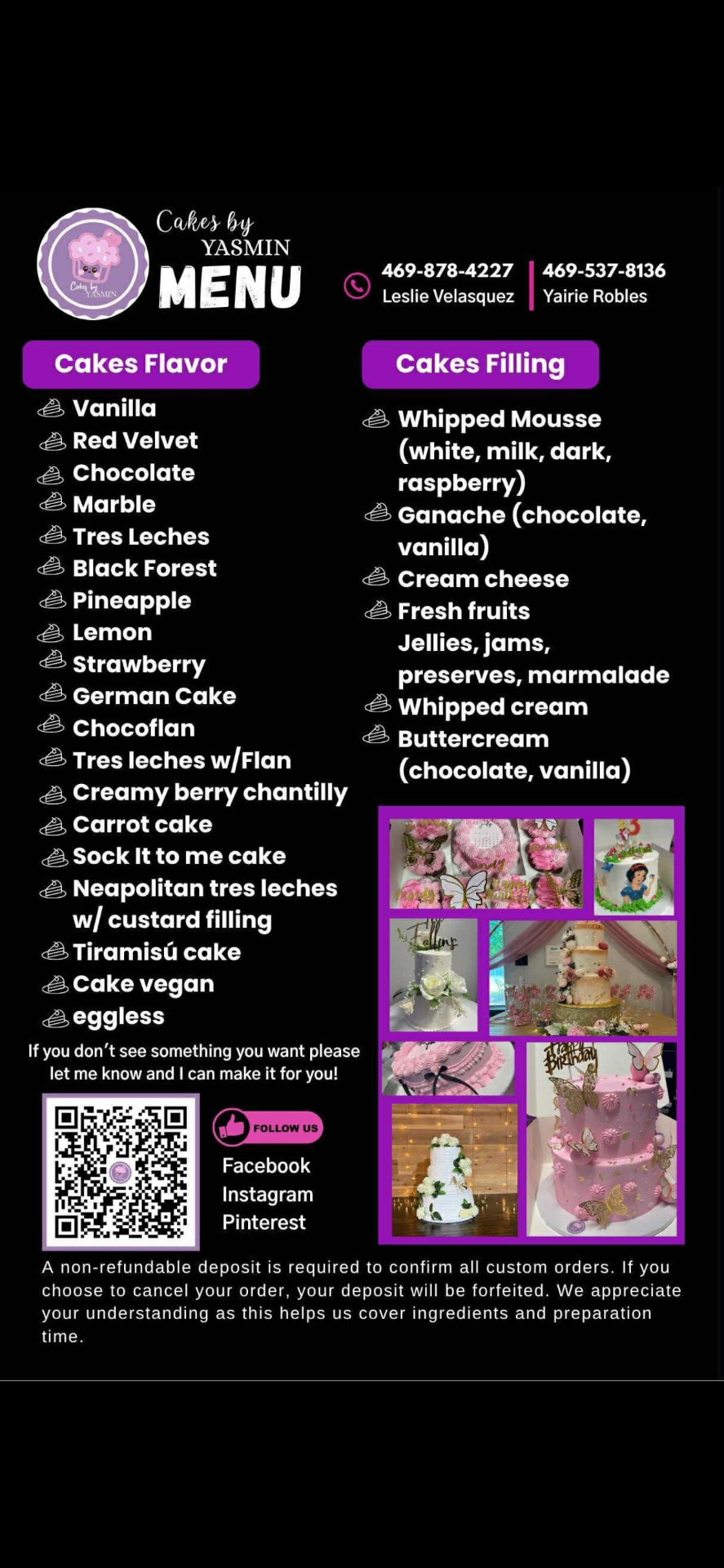 Cakes By Yasmin printable menu with flavors, fillings, and contact info